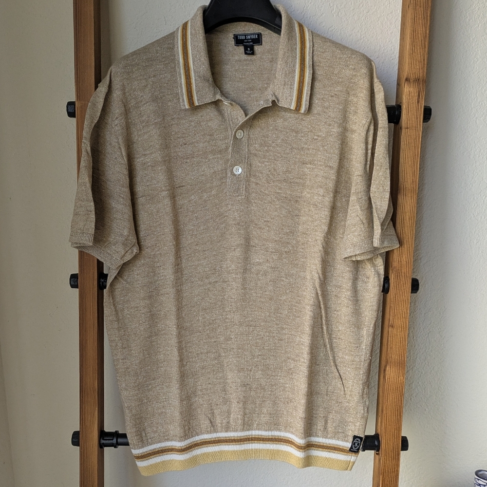 Todd Snyder Men's Beige Linen Polo with White and Gold Stripes